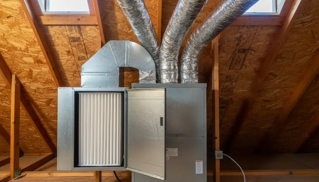 Attic air handler with a media air cleaner cabinet open and a pleated filter half out