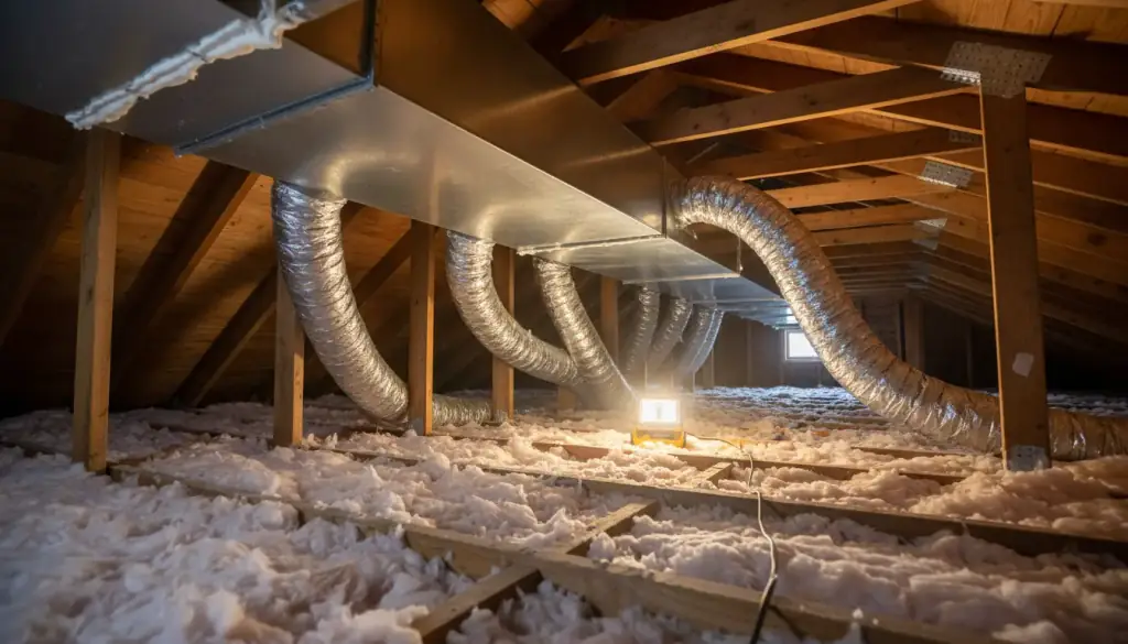 New galvanised duct trunk line with insulated flex runs in an attic