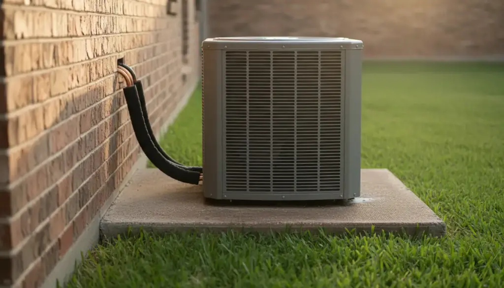 Heat pump outdoor unit on a concrete pad beside a brick wall, insulated line set running up