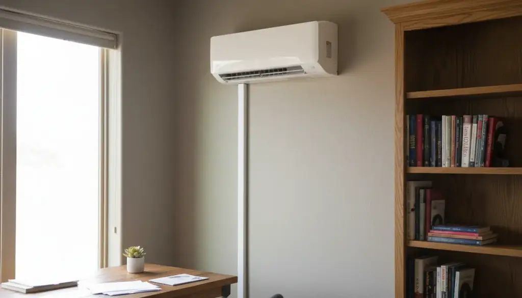 Wall-mounted ductless mini-split head above a desk and bookshelf