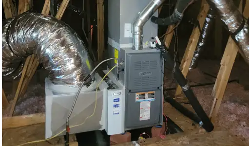 Attic furnace and air handler with an AprilAire media cabinet and flex duct